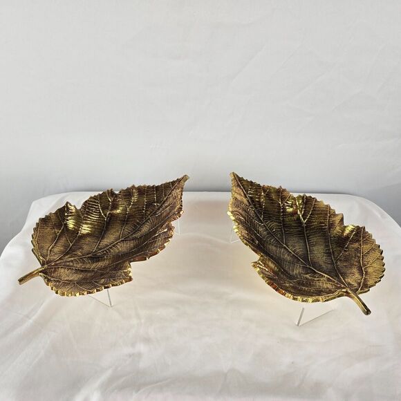 Brass Leaf Bowls x 2 Candy Dishes Decorative Gold Tones 13" x 9" x 3" - Picture 1 of 12